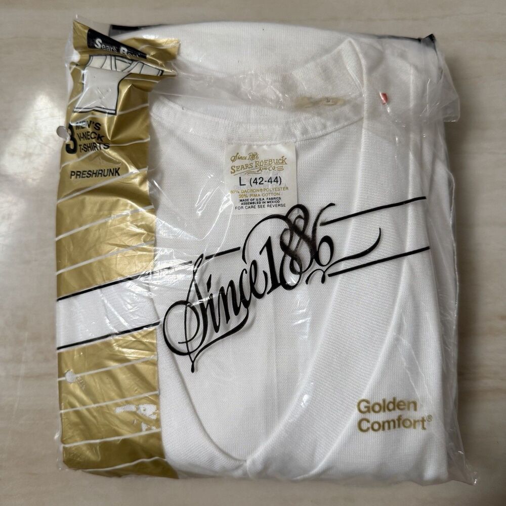 Vintage Sears Roebuck Golden Comfort V-Neck 3pk T-Shirt L 42-44 White USA NOS